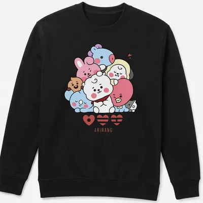 Cute cartoon animals huddled together with hearts in a kawaii style — printed on a unisex sweatshirt