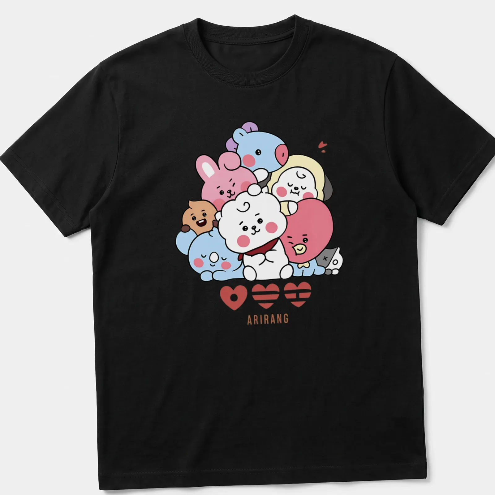 Cute cartoon animals huddled together with hearts in a kawaii style — printed on a unisex t-shirt