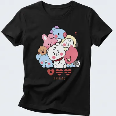 Cute cartoon animals huddled together with hearts in a kawaii style — printed on a women's shirt