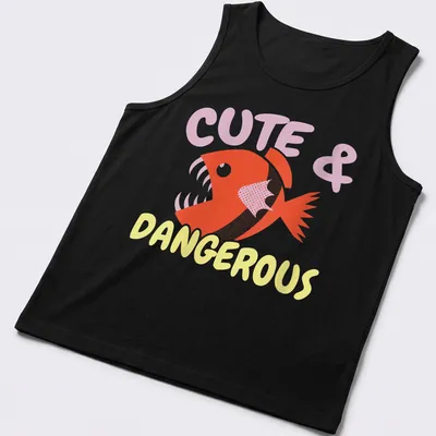 Playful cartoon piranha with vibrant colors and text Cute & Dangerous above it. — printed on a tank top