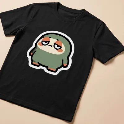 Flat design of a cute green blob monster with large eyes and a smile.