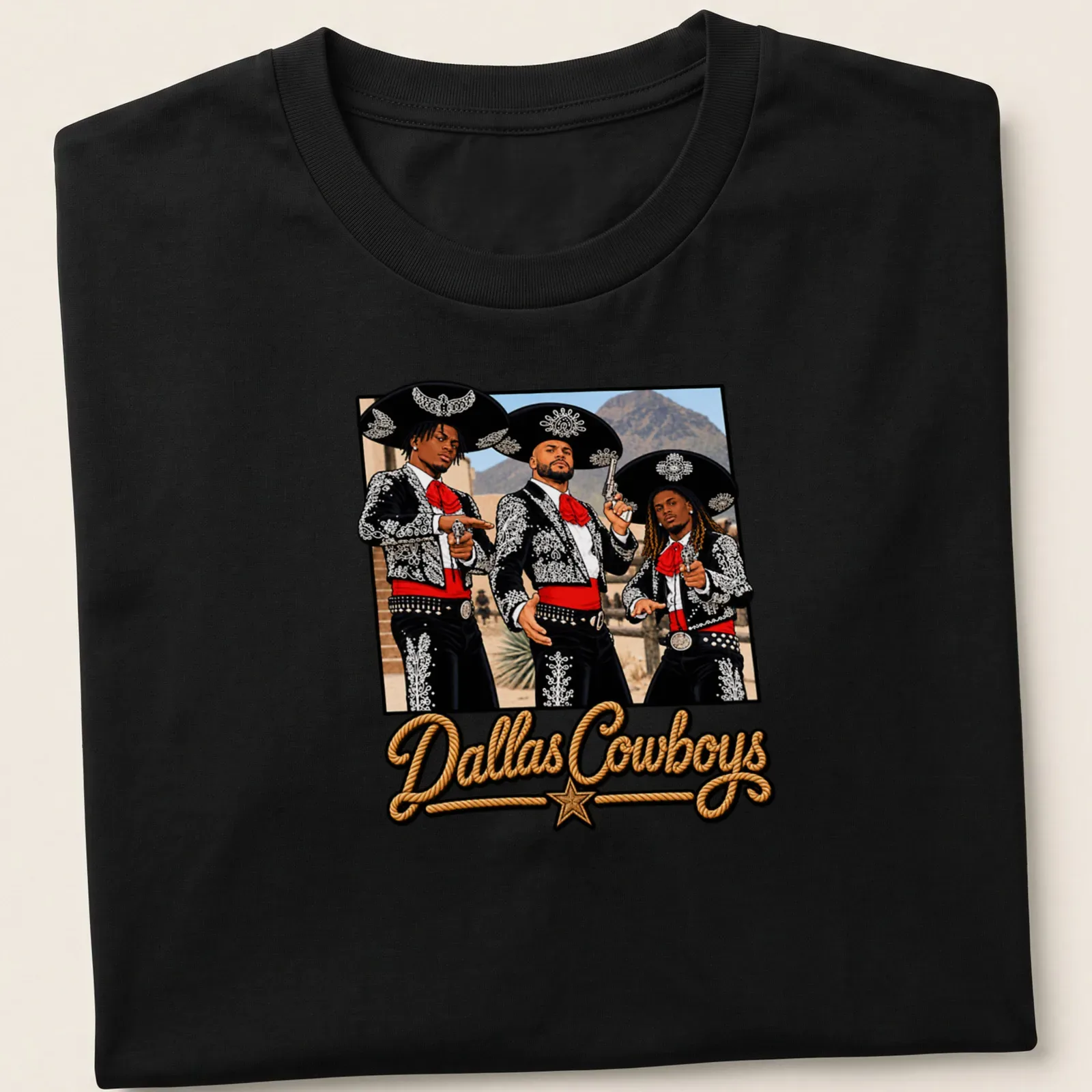 Dallas Cowboys parody t-shirt featuring three amigos in mariachi outfits — printed on a unisex t-shirt