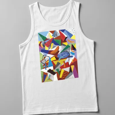 Colorful abstract landscape design inspired by David Hockney in geometric style — printed on a tank top