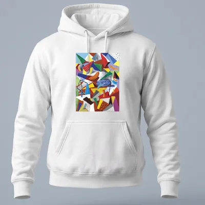 Colorful abstract landscape design inspired by David Hockney in geometric style — printed on a unisex hoodie