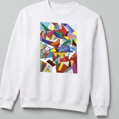 Colorful abstract landscape design inspired by David Hockney in geometric style — printed on a unisex sweatshirt