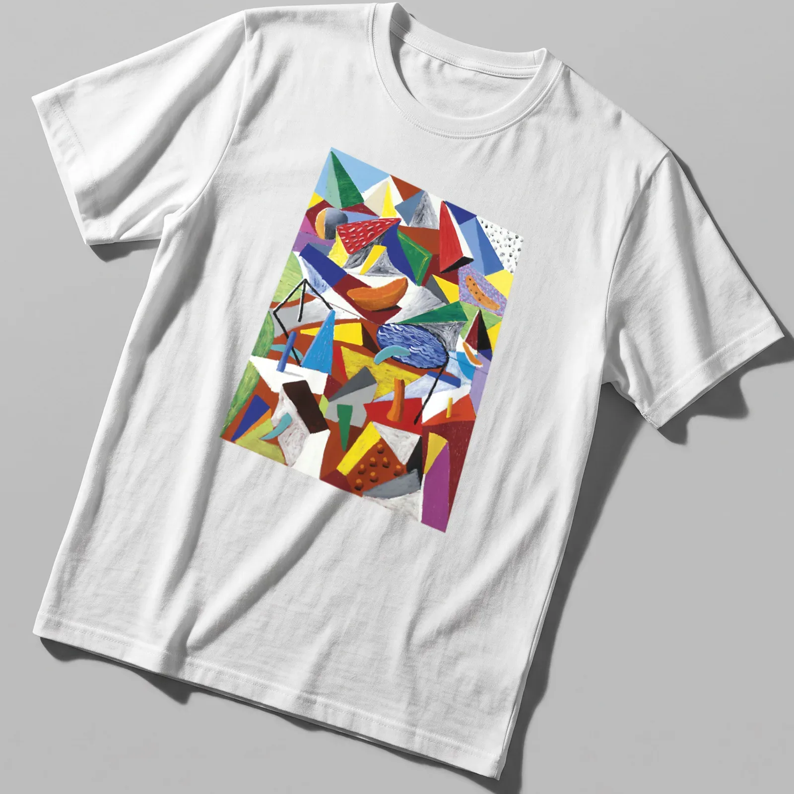 Colorful abstract landscape design inspired by David Hockney in geometric style — printed on a unisex t-shirt
