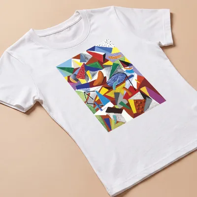 Colorful abstract landscape design inspired by David Hockney in geometric style — printed on a women's shirt