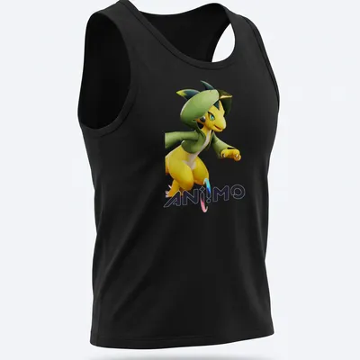 Stylized cartoon ANIIMO t-shirt featuring a yellow character in a green hood. — printed on a tank top