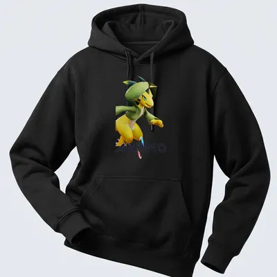Stylized cartoon ANIIMO t-shirt featuring a yellow character in a green hood. — printed on a unisex hoodie
