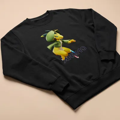Stylized cartoon ANIIMO t-shirt featuring a yellow character in a green hood. — printed on a unisex sweatshirt