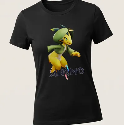 Stylized cartoon ANIIMO t-shirt featuring a yellow character in a green hood. — printed on a women's shirt
