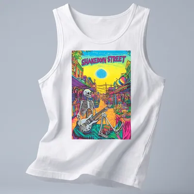 Psychedelic design featuring a skeleton playing guitar with bold text above. — printed on a tank top