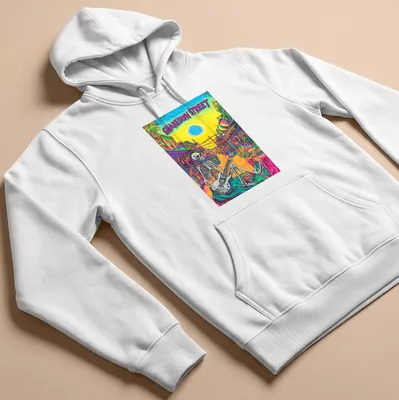 Psychedelic design featuring a skeleton playing guitar with bold text above. — printed on a unisex hoodie