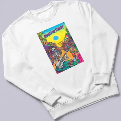 Psychedelic design featuring a skeleton playing guitar with bold text above. — printed on a unisex sweatshirt