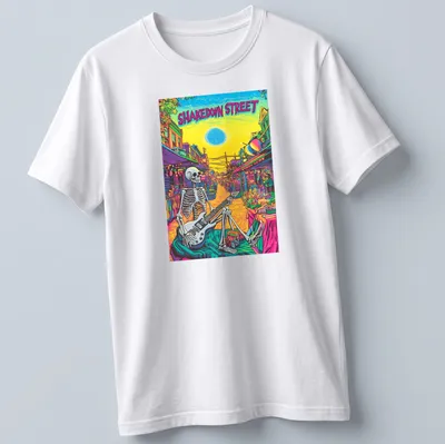 Psychedelic design featuring a skeleton playing guitar with bold text above.