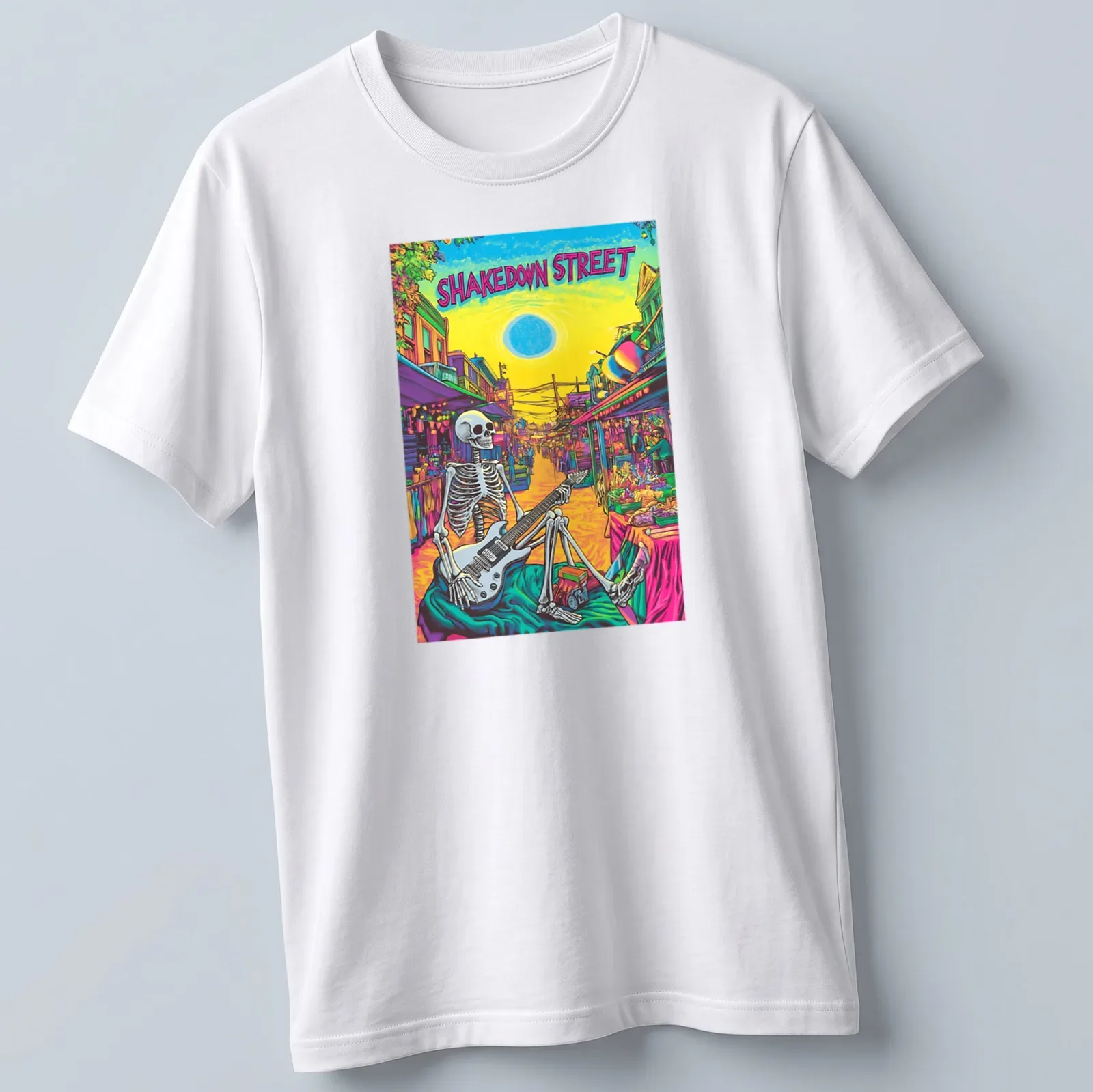 Psychedelic design featuring a skeleton playing guitar with bold text above. — printed on a unisex t-shirt