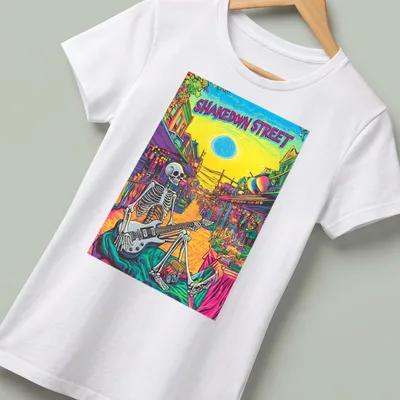 Psychedelic design featuring a skeleton playing guitar with bold text above. — printed on a women's shirt