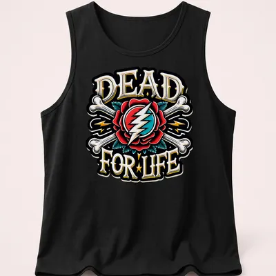 Vintage tattoo style design of a skull with a rose and lightning bolt, printed in bold colors. — printed on a tank top