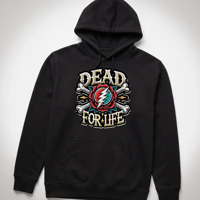 Vintage tattoo style design of a skull with a rose and lightning bolt, printed in bold colors. — printed on a unisex hoodie