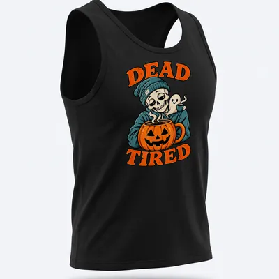 Vintage cartoon of a skeleton with ghost and pumpkin coffee mug alongside the text 'Dead Tired' — printed on a tank top