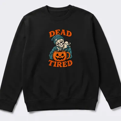 Vintage cartoon of a skeleton with ghost and pumpkin coffee mug alongside the text 'Dead Tired' — printed on a unisex sweatshirt