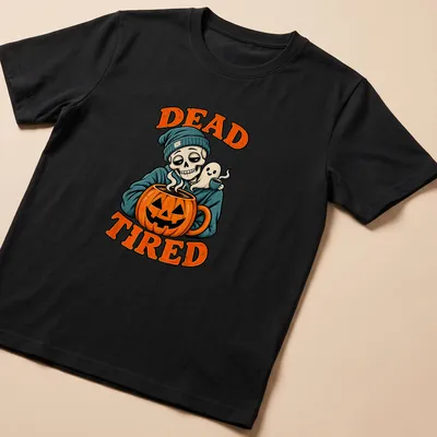 Vintage cartoon of a skeleton with ghost and pumpkin coffee mug alongside the text 'Dead Tired'