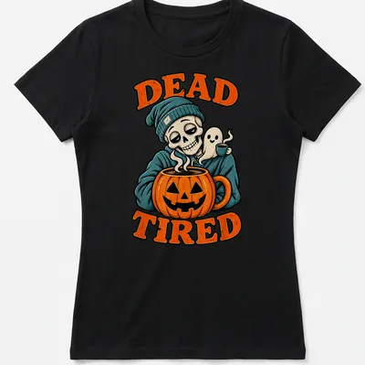 Vintage cartoon of a skeleton with ghost and pumpkin coffee mug alongside the text 'Dead Tired' — printed on a women's shirt