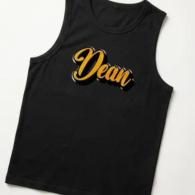 Bold script Dean name T-shirt in yellow and black typography — printed on a tank top