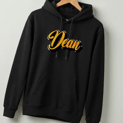 Bold script Dean name T-shirt in yellow and black typography — printed on a unisex hoodie