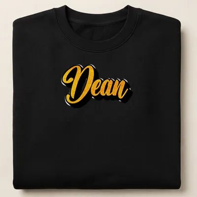 Bold script Dean name T-shirt in yellow and black typography — printed on a unisex sweatshirt