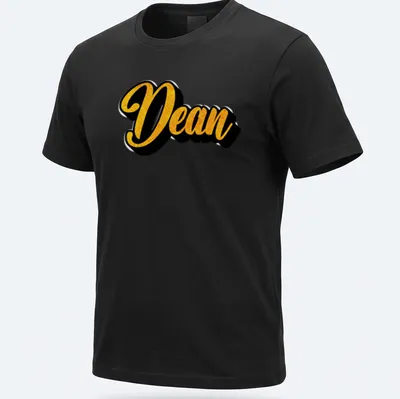Bold script Dean name T-shirt in yellow and black typography