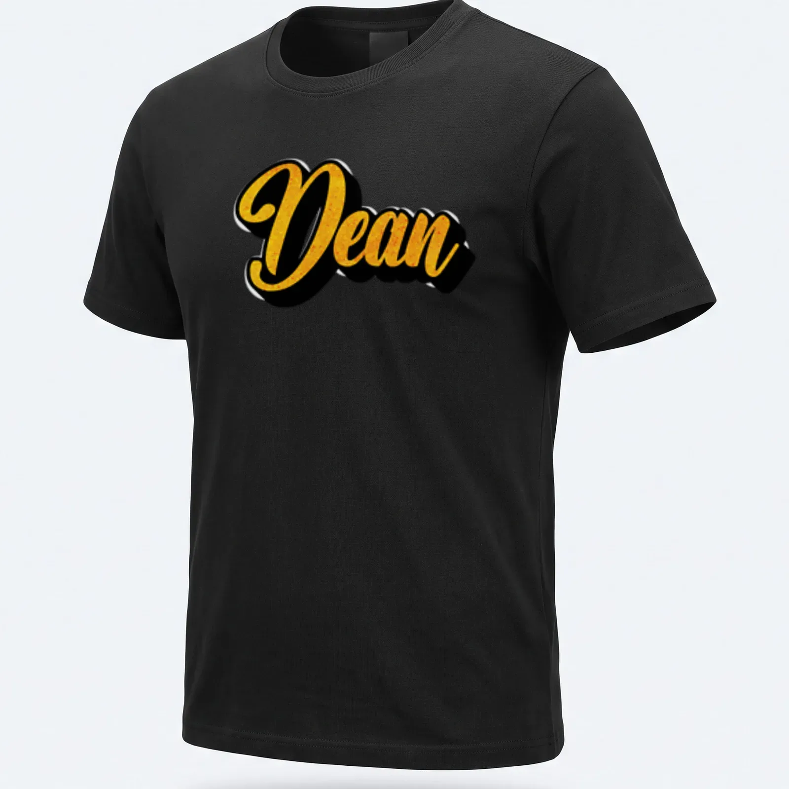 Bold script Dean name T-shirt in yellow and black typography — printed on a unisex t-shirt
