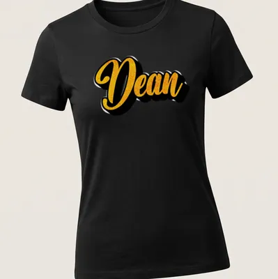 Bold script Dean name T-shirt in yellow and black typography — printed on a women's shirt