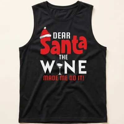 Playful Christmas shirt with text and graphics of a wine glass and Santa hat — printed on a tank top