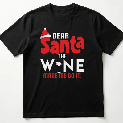 Playful Christmas shirt with text and graphics of a wine glass and Santa hat
