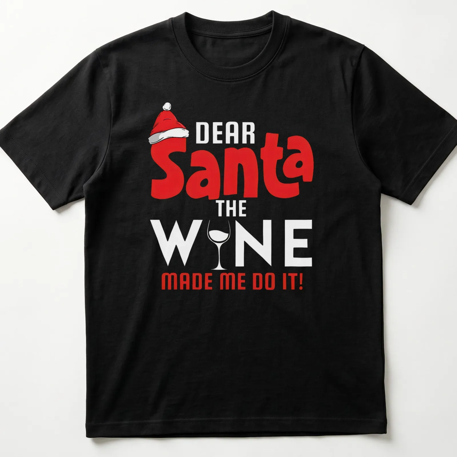 Playful Christmas shirt with text and graphics of a wine glass and Santa hat — printed on a unisex t-shirt