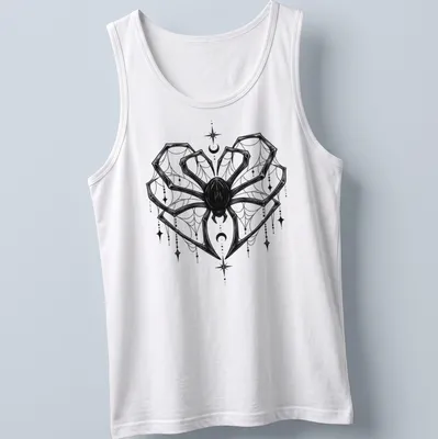 Black line art of a spider in a heart shape with celestial elements — printed on a tank top