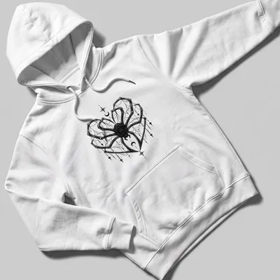 Black line art of a spider in a heart shape with celestial elements — printed on a unisex hoodie