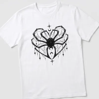 Black line art of a spider in a heart shape with celestial elements — printed on a unisex t-shirt