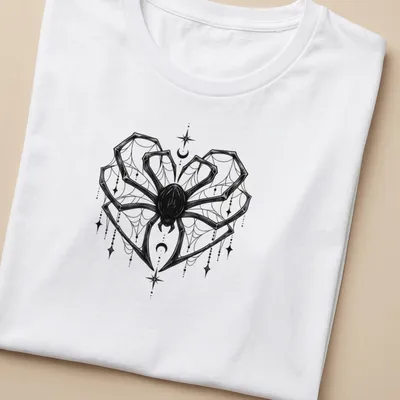 Black line art of a spider in a heart shape with celestial elements — printed on a women's shirt