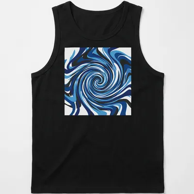 Abstract design of a deep blue ocean vortex swirling with light blue and black tones — printed on a tank top