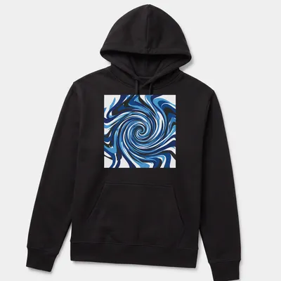 Abstract design of a deep blue ocean vortex swirling with light blue and black tones — printed on a unisex hoodie