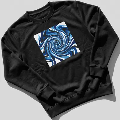 Abstract design of a deep blue ocean vortex swirling with light blue and black tones — printed on a unisex sweatshirt