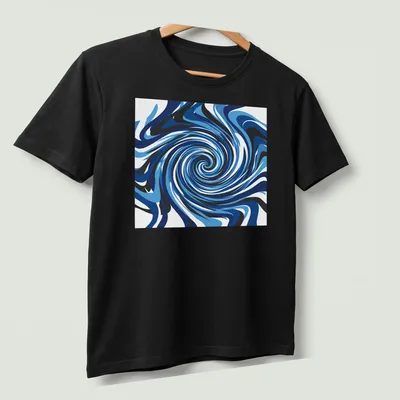 Abstract design of a deep blue ocean vortex swirling with light blue and black tones — printed on a unisex t-shirt (angled view)