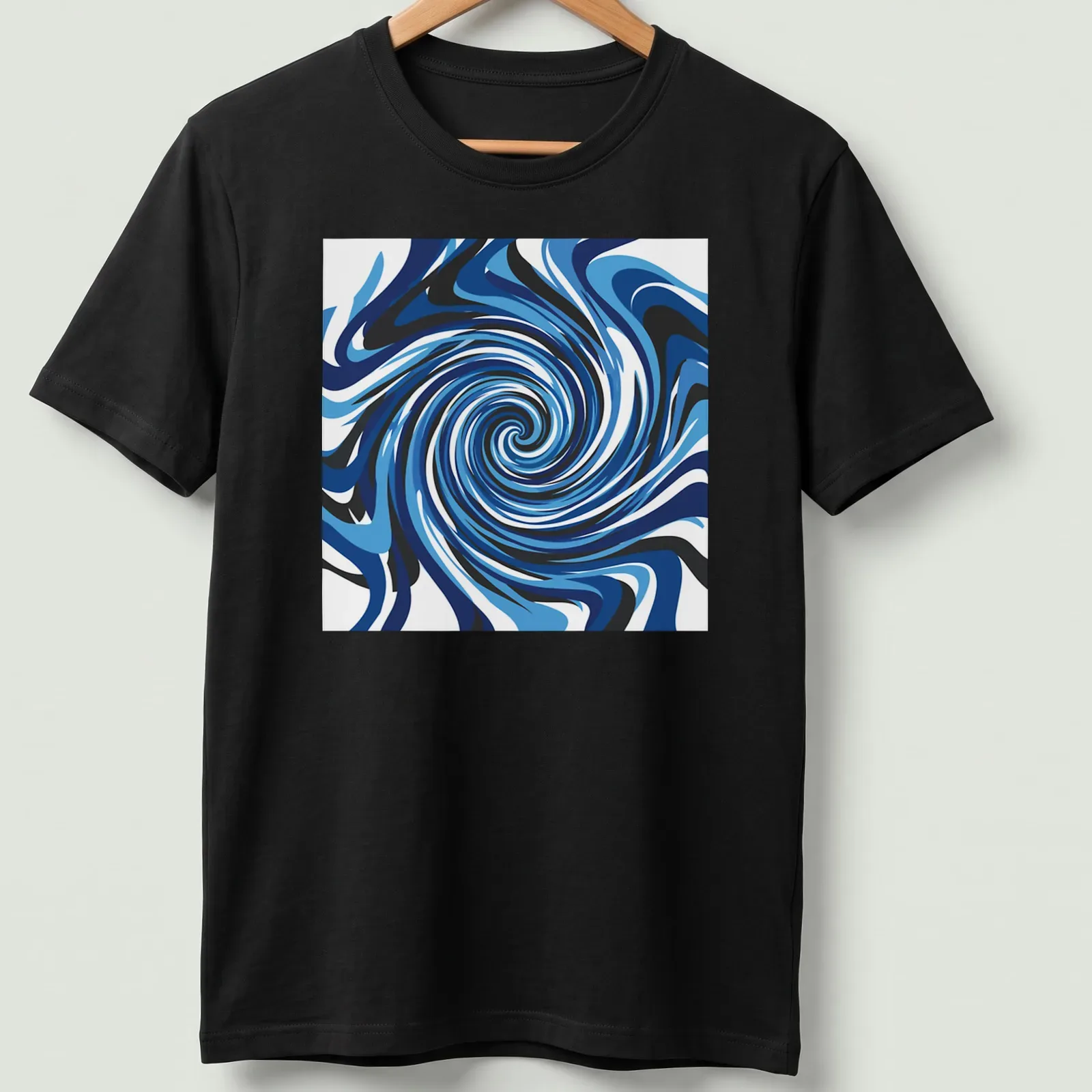 Abstract design of a deep blue ocean vortex swirling with light blue and black tones — printed on a unisex t-shirt