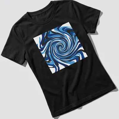 Abstract design of a deep blue ocean vortex swirling with light blue and black tones — printed on a women's shirt