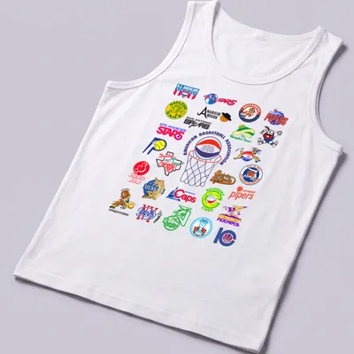 Vintage T-shirt featuring the American Basketball Association ABA teams in bright colors — printed on a tank top