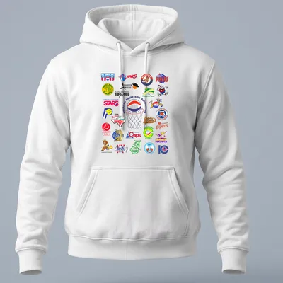 Vintage T-shirt featuring the American Basketball Association ABA teams in bright colors — printed on a unisex hoodie
