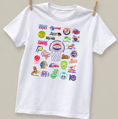 Vintage T-shirt featuring the American Basketball Association ABA teams in bright colors