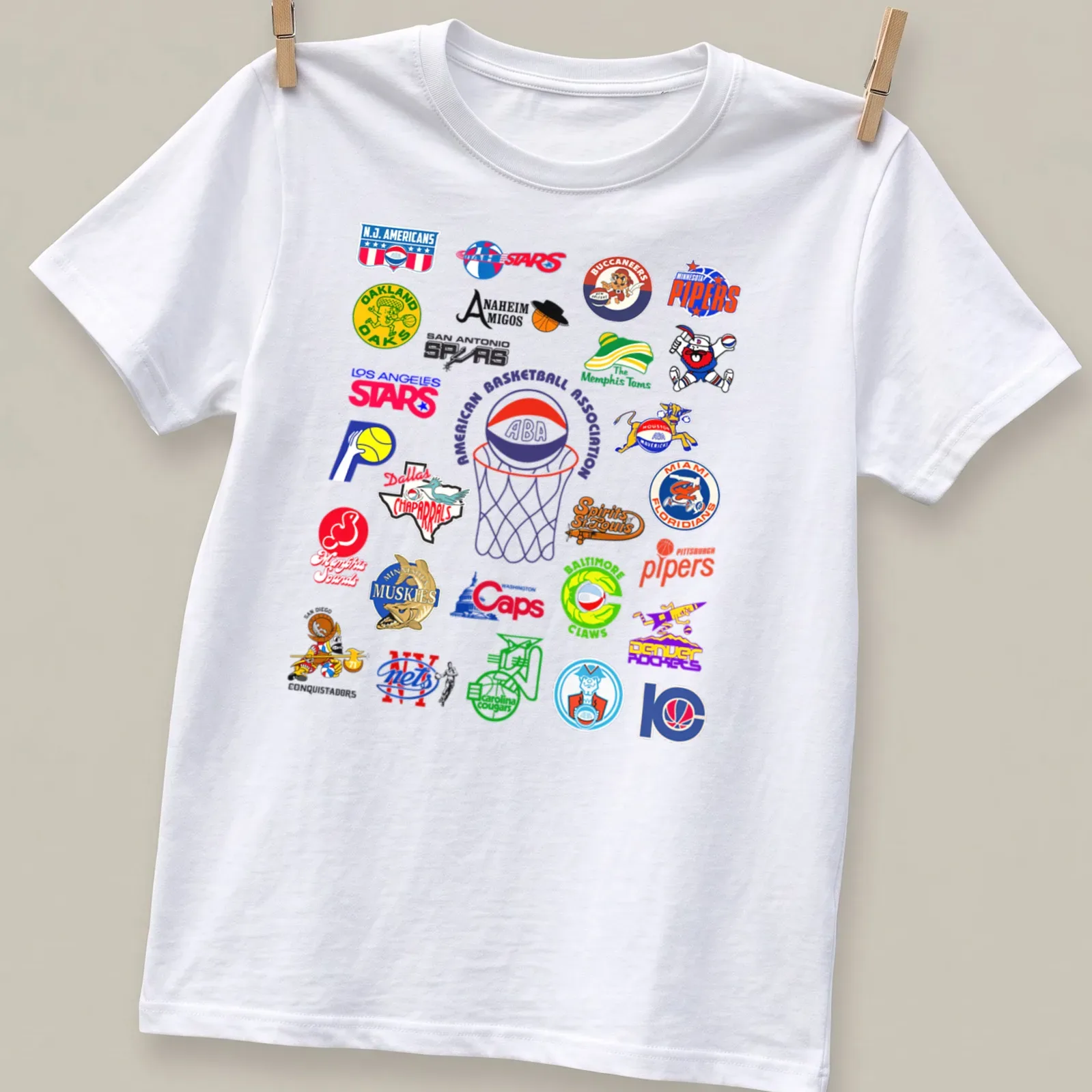 Vintage T-shirt featuring the American Basketball Association ABA teams in bright colors — printed on a unisex t-shirt